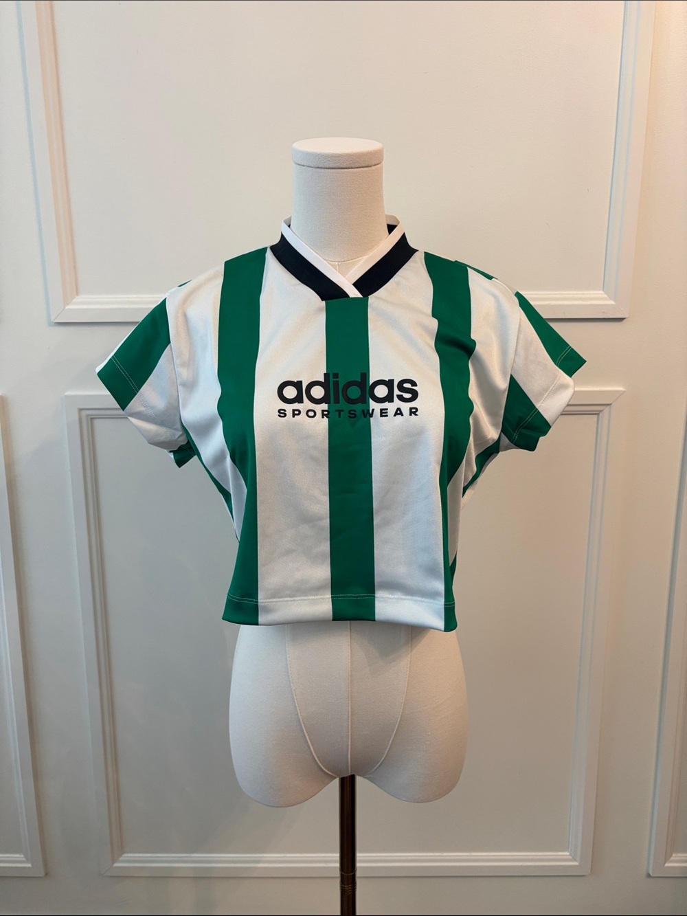 adidas White and Green Vertical-Stripe Cropped Jersey